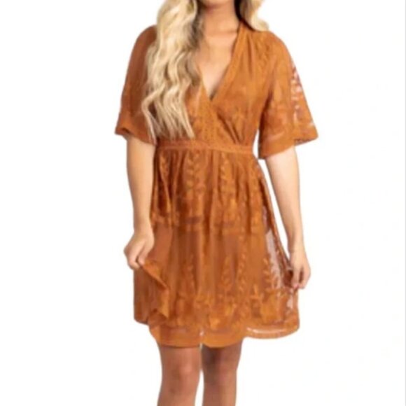 Haute Monde Boho Dreams Floral Embroidered Lace Dress Short Sleeve V-Neck S 272E - Picture 1 of 11